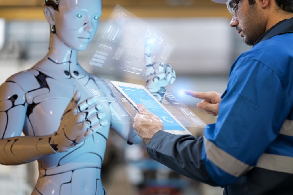 Inventory fulfilment system computer-aided manufacturing digital smart AI, engineer and robot programming warehouse factory, futuristic industry modern futuristic background.